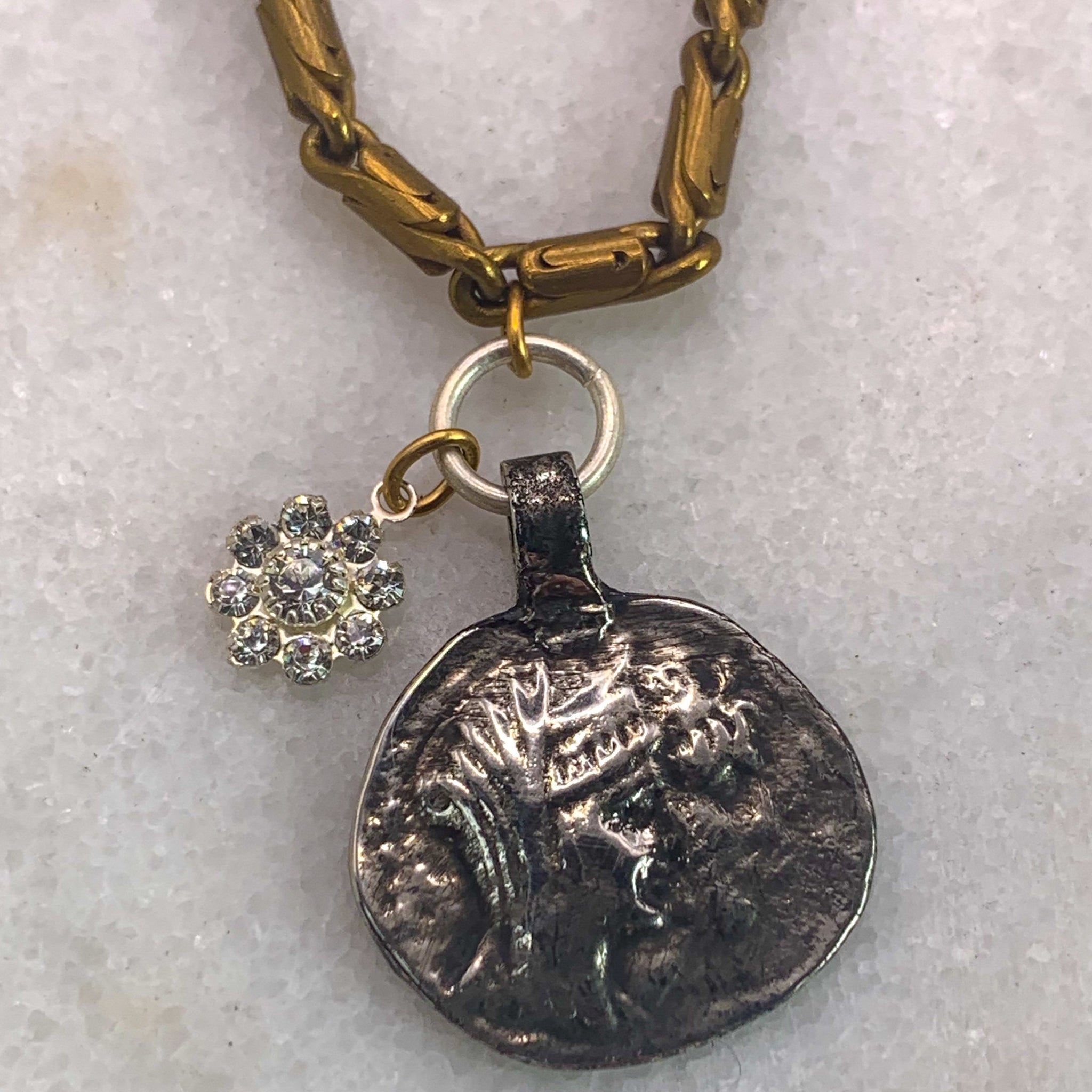 Silver Coin | Gold Necklace | Vintage Old Medallion| Handmade in Australia | Swarovski Crystal
