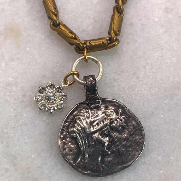 Silver Coin | Gold Necklace | Vintage Old Medallion| Handmade in Australia | Swarovski Crystal